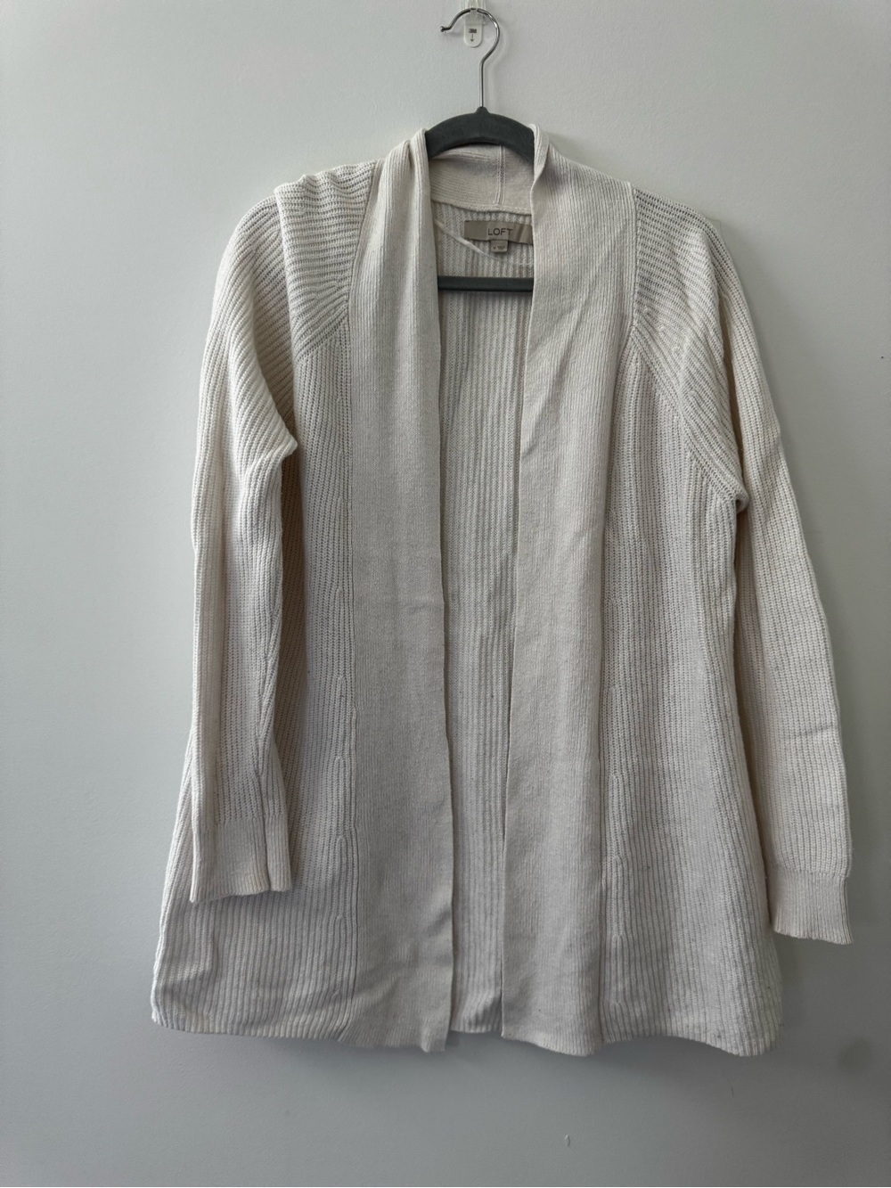 LOFT Long Open-Front Ribbed Cardigan - Cream
